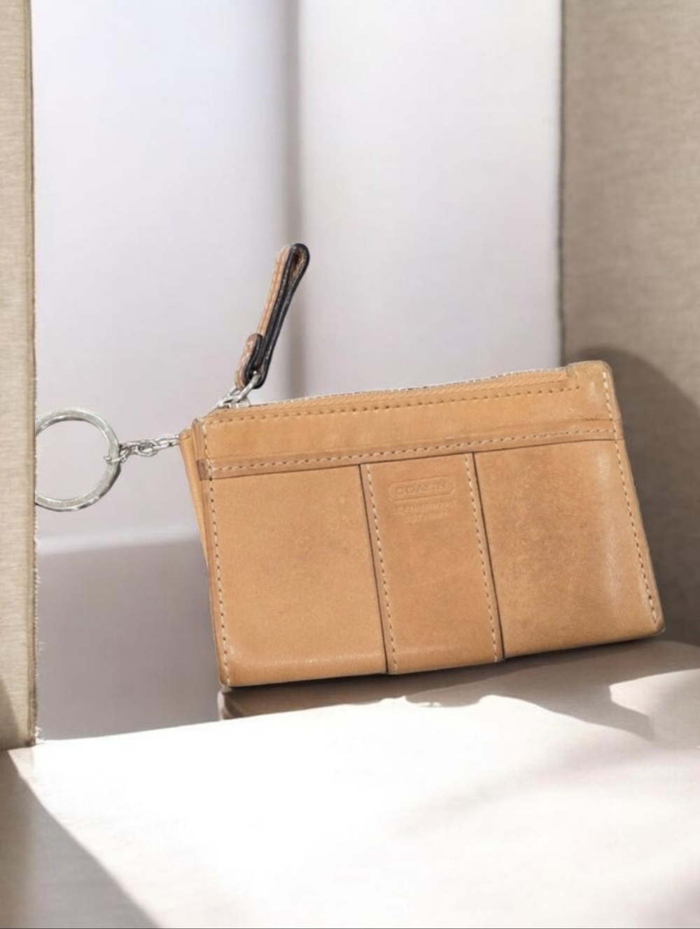 Coach Vintage Tan Leather Card Case with Keyring w/ Dust Bag